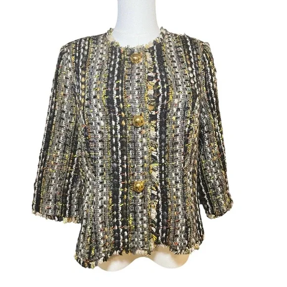 CABi 175 Paris Tweed Cropped Blazer Jacket Size Small Black Gold Button Fringe - Picture 10 of 12